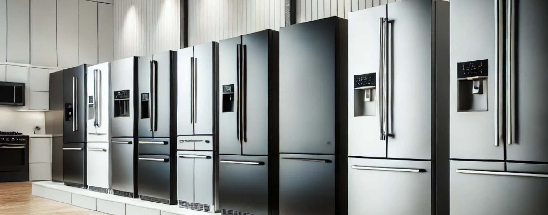 DALL·E 2024-11-05 14.41.04 - A high-quality image showcasing a selection of modern refrigerators in a showroom. Each refrigerator is sleek and contemporary, with different models