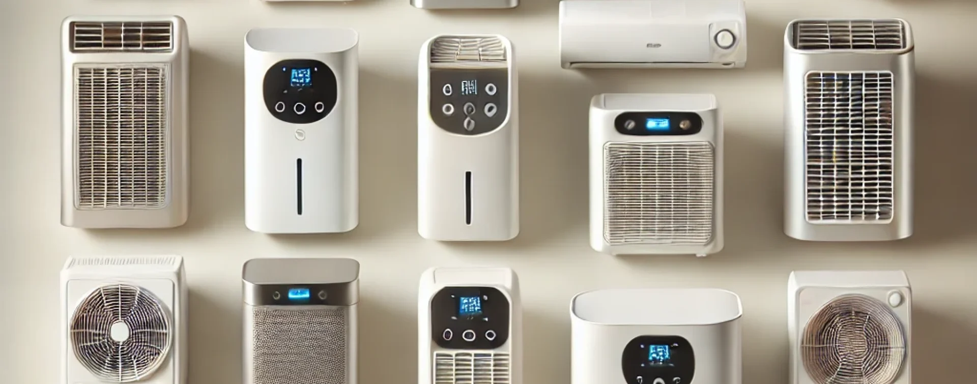 DALL·E 2024-11-07 11.51.33 - A high-quality image showing a selection of modern portable air conditioning units on a simple, light-colored studio background. Each unit is shown in
