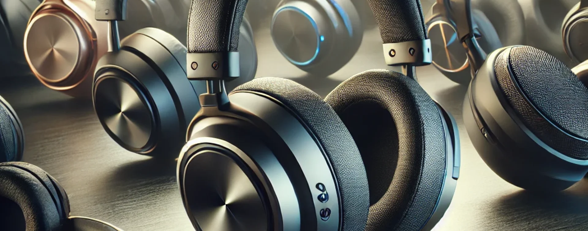 DALL·E 2024-11-12 12.13.06 - A high-quality image showcasing a selection of modern, stylish headphones in a studio setup. The headphones are displayed on a sleek, minimalistic sur